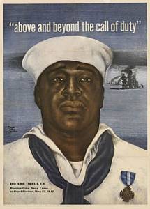 World War II poster featuring Doris Miller in naval uniform and medal - Texas World War II Heroes