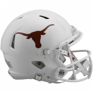 white University of Texas football helmet with orange Longhorn logo