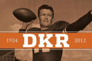 Darrell Royal throwing football with dates 1924 and 2012
