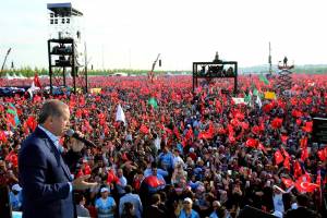 Erdogan giving speech before big crowd in Turkey