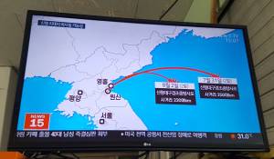 television screen showing recent launches of North Korean missiles