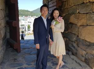 beautiful bride and groom at Gongju Fortress, Sept. 2019