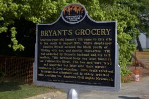 Historical marker for Bryant's Grocery in Money, Mississippi