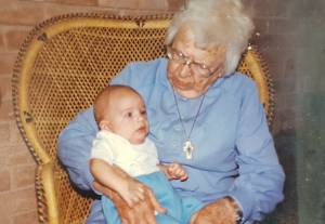 Grandmother with great-grandson Tyler Pennington, 1987